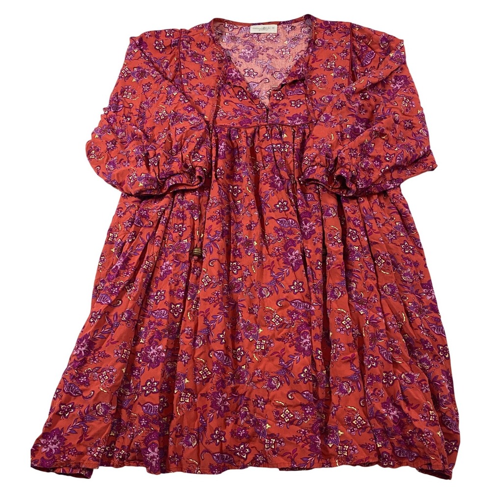 Natural Life Womens M Floral Paisley Babydoll Tunic Top Puff Sleeve Boho Orange
